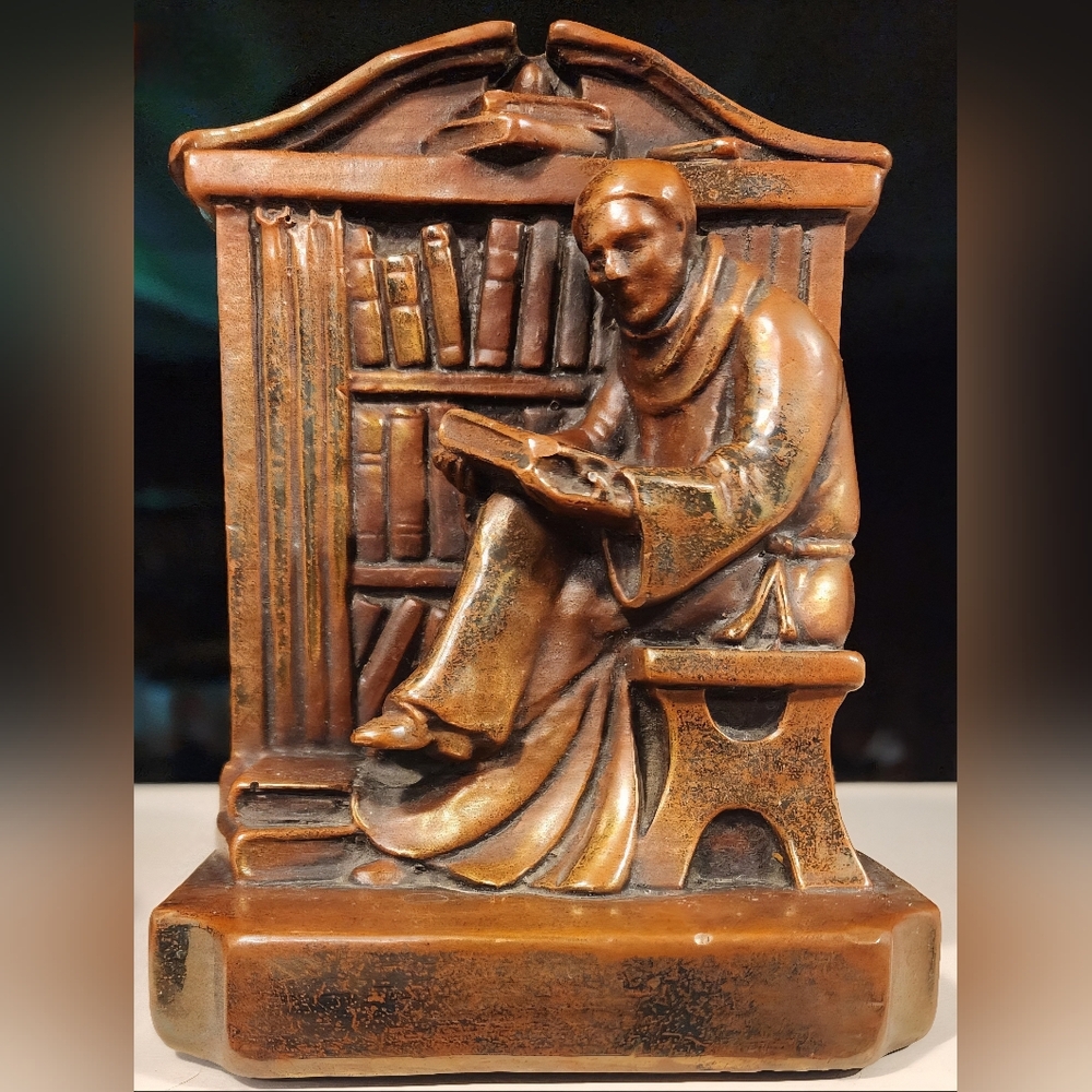 Vntg Bronze clad Scholar with Books Single Bookend 1920s